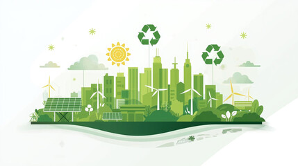 Fototapeta premium Green City Skyline with Solar Panels, Wind Turbines & Recycling Icons