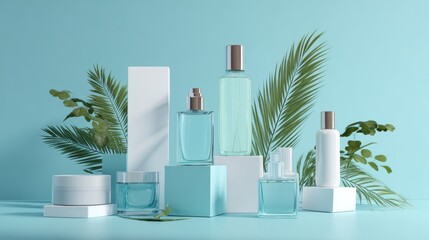 Skincare products arranged on light blue background with green foliage for fresh organic beauty concept imagery