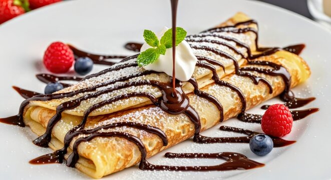 Close-up of Palacinke Sweet Serbian Crepes Filled and Topped with Chocolate Sauce