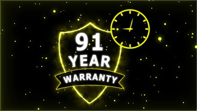 Neon Glowing Shield Badge with 91 Year Warranty Text and Clock Animation on black Futuristic Background.