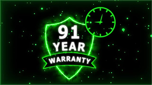 Neon Glowing Shield Badge with 91 Year Warranty Text and Clock Animation on black Futuristic Background.