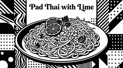 Thai pad thai noodles topped with lime and peanuts Monochrome vector illustration, highlighting popular Southeast Asian street food culture © Ethan