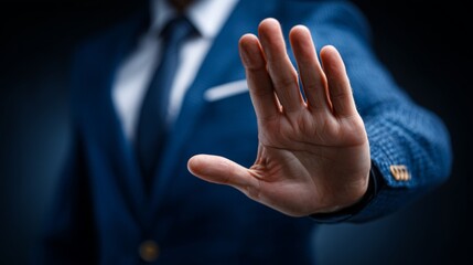 Businessman showing a stop gesture with his open palm