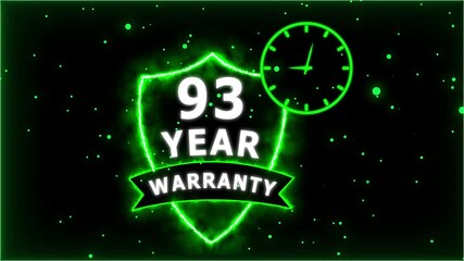 Neon Glowing Shield Badge with 93 Year Warranty Text and Clock Animation on black Futuristic Background.