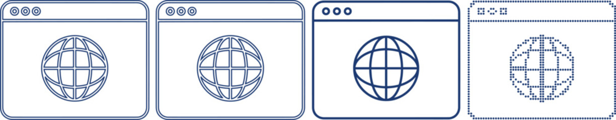 Web browser window with globe icon set in various graphic art styles