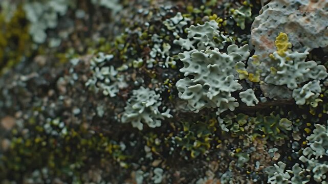 Close-up of dense multicolored lichen clusters covering a rough dark rock surface