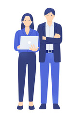 ノートPCを持つ女性と腕組みする男性。IT・エンジニア・コンサルタントの人物イラスト素材。