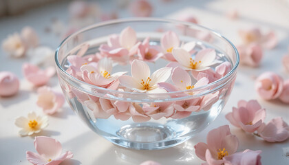 Still life with delicate flowers gently floating in a transparent glass vase
