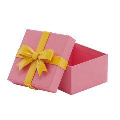 A pink gift box with a yellow ribbon tied around the lid is open to reveal its empty interior isolated on transparent background