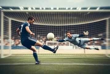 Soccer player scoring a goal with a powerful shot while the goalkeeper dives to save. Dramatic football action captured at the decisive moment