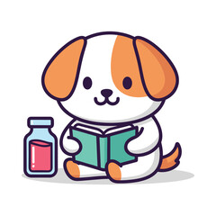 Adorable Puppy Reading a Book with Medicine Bottle