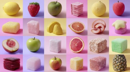 Grid of pastel fruit and candy styled cubes with playful colors for food branding or creative advertising concepts