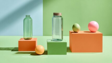 Minimalist colorful glass bottles on geometric blocks over pastel green background for product or cosmetic branding scenes