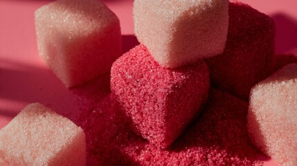 Pink and red sugar cubes arranged in playful composition for dessert branding, food photography or candy product visuals