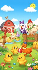 Obraz premium Happy Farm Animals Playing in a Vibrant Green Field with a Red Barn and Sunny Sky.