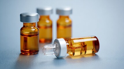 Amber medical vials with droppers on gradient blue background for health care product packaging or pharmaceutical branding