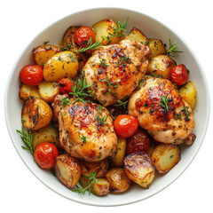 Roasted chicken with vegetables on transparent background