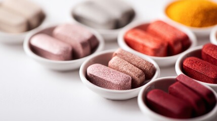 Assorted supplements and vitamins in bowls for health nutrition and wellness branding or medical advertising product visuals
