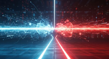 Abstract visualization of conflict and digital data comparison with red and blue colors