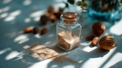 Glass jar of ground spice on natural background with shadows for food ingredient, recipe or herbal branding visuals