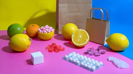Colorful vitamins and citrus fruits with paper bag for health supplement branding or pharmaceutical product photography