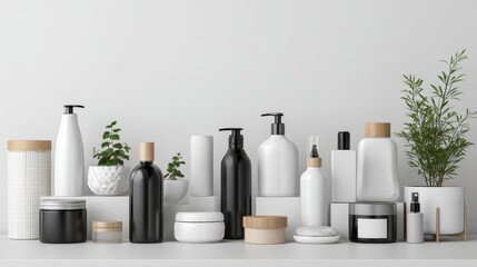 Minimalist black and white bottles in skincare lineup with greenery for clean beauty or cosmetic product branding