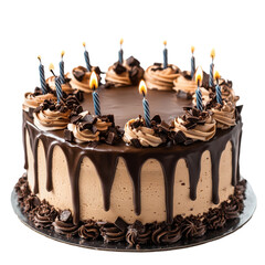 Chocolate birthday cake on transparent background