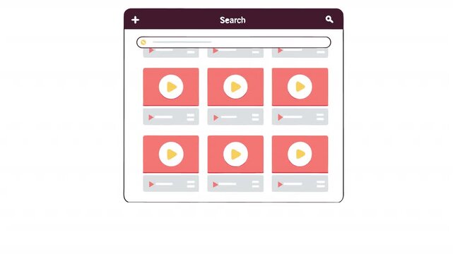 Video search interface. Animated grid with play buttons, alpha channel. Cartoon