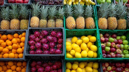 Colorful display of exotic tropical fruits in market crates, including pineapples, lemons, and pitayas