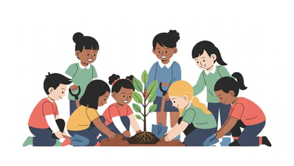 Diverse group of children planting a tree together outdoors in a colorful illustration