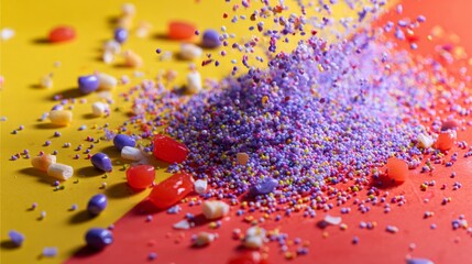 Vibrant colored pigment explosion with powder and candy scattered over yellow surface in playful art scene