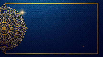 Luxury dark blue background with gold Islamic-inspired border and decorative medallion.
