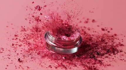 Cosmetic blush explosion in pink tones with scattered pigment on pastel surface captured in dynamic motion