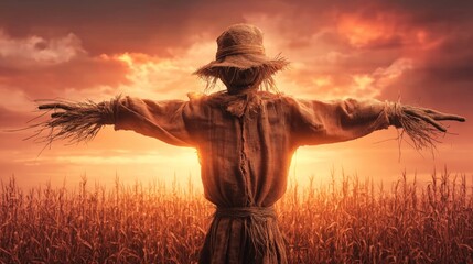 Scarecrow standing in cornfield at sunset protecting harvest. Scarecrow standing in a cornfield at sunset, a guardian for crops