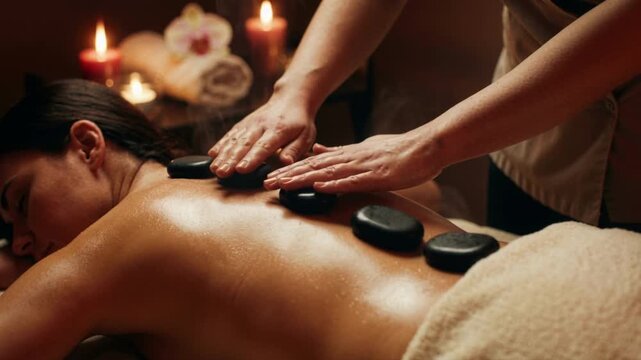 Woman receiving a hot stone massage treatment at a luxury spa. Therapist hands placing steaming black stones on the oiled back of a female client. Wellness and body care concept