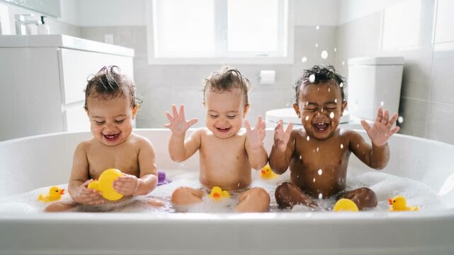 Three happy diverse babies splashing water in a bathtub with rubber ducks. Cute toddlers laughing and playing with bubbles in a bright modern bathroom. Childhood hygiene and fun concept