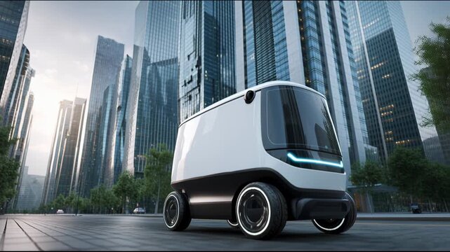 Autonomous delivery robot carrying packages on sunny city street among glass skyscrapers, futuristic