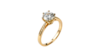 A gold ring with a large diamond isolated on transparent background cut out