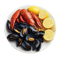Seafood plate with lobster and mussels on transparent background
