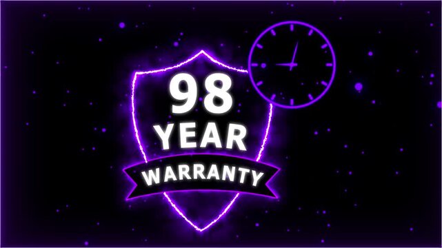 Neon Glowing Shield Badge with 98 Year Warranty Text and Clock Animation on black Futuristic Background.