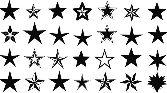 Black star icons collection different styles. Various star shapes set. Many stars design elements. Geometric symbols collection. Simple and outlined stars.
