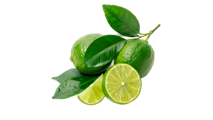 Fresh limes cut open with green leaves isolated on transparent background cut out