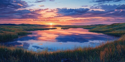 Obraz premium Vibrant sunset over calm lake reflects bright pink and purple clouds, silhouetted trees line distant horizon. Generative by AI.