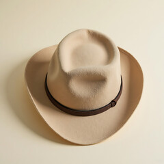 Minimalist cowboy hat placed on a soft gradient background, premium neutral color palette, balanced composition
