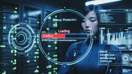 A focused Asian woman in a hightech server room interacts with an advanced holographic user interface managing complex data systems and ensuring robust cybersecurity protocols for digital protection . - Powered by Adobe