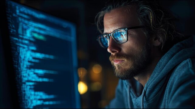 Focused male software developer coding at computer in dark home office at night