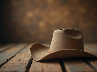 Rustic cowboy hat resting on a wooden surface with blurred background, natural earthy tones, cinematic lighting
