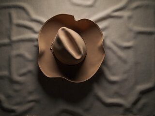 Cowboy hat viewed from above on a textured fabric surface, muted color scheme, symmetrical layout, strong visual focus
