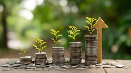 Plants growing from increasing stacks of coins with a rising arrow, representing successful financial growth