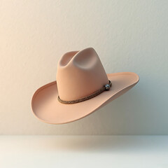 Elegant cowboy hat with smooth felt texture against a bright airy background, modern color blocking, refined proportions, minimal distractions